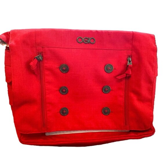 Bright Red OGIO Messenger Bag can be opened out flat w/8 pockets Button Accents - Picture 1 of 9